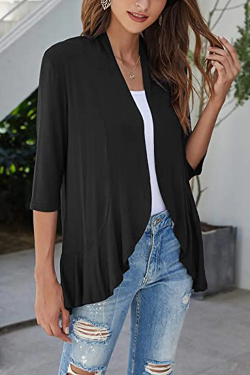 Open Front Three-quarter Sleeve Cardigan (7)