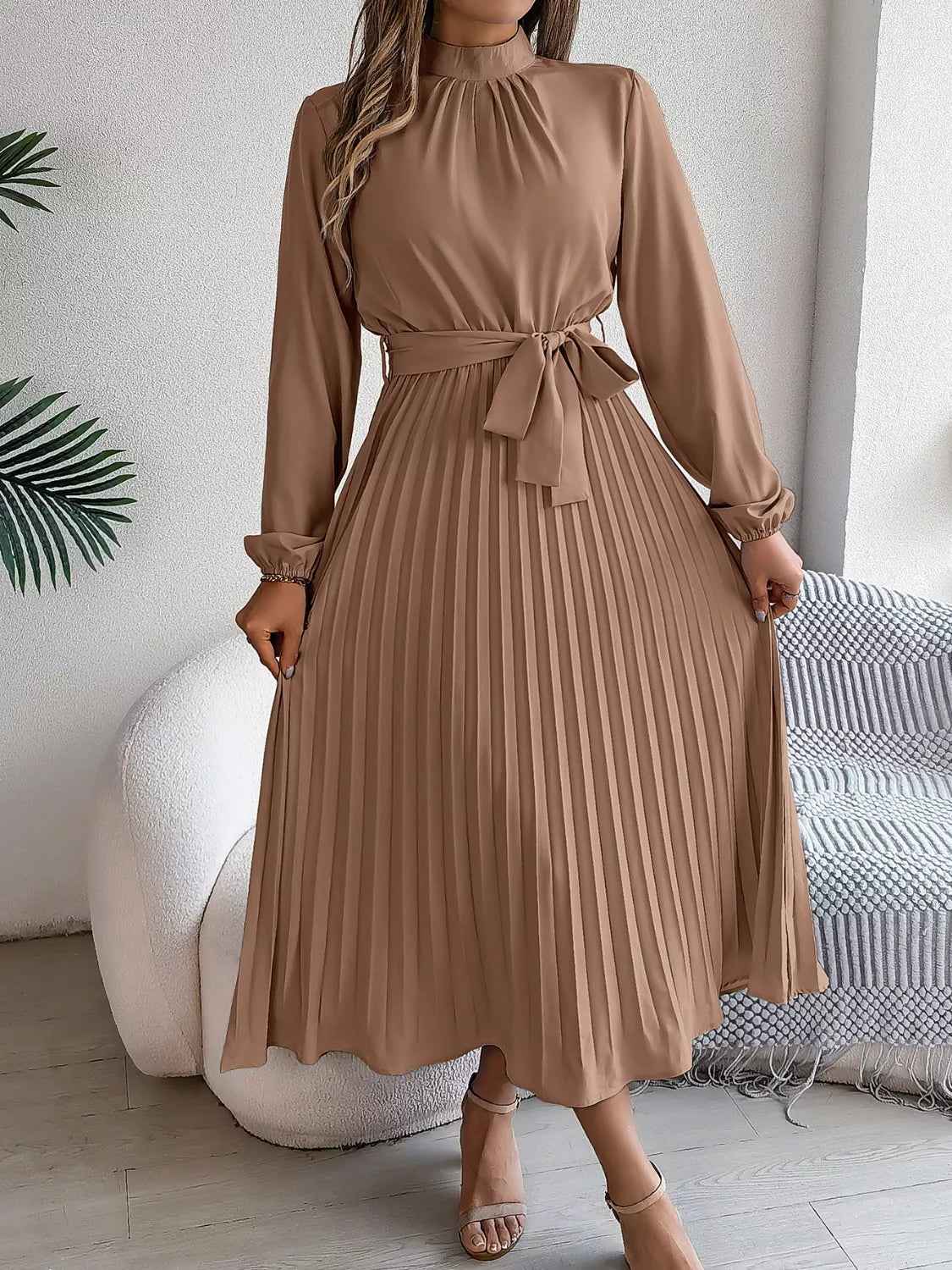 Mock Neck Pleated Midi Dress (4)