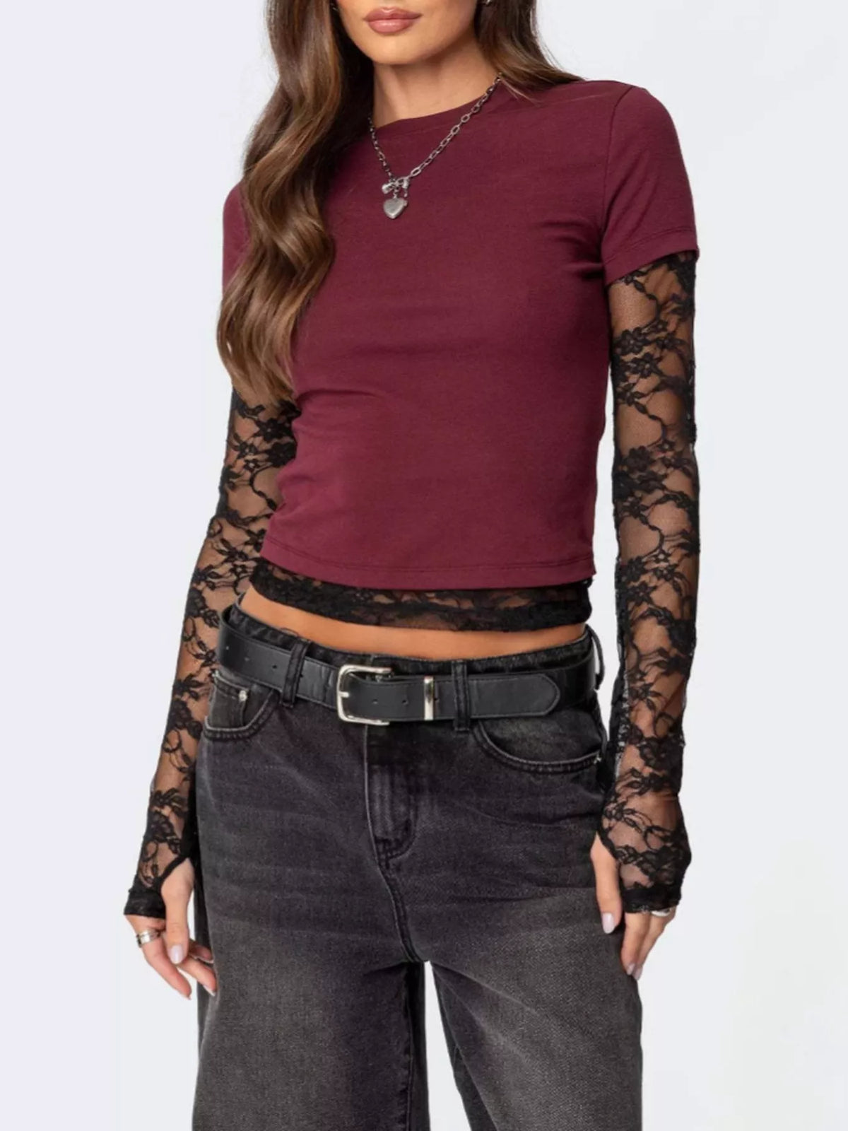 Cropped T-shirt Sheer Lace Sleeves (4)