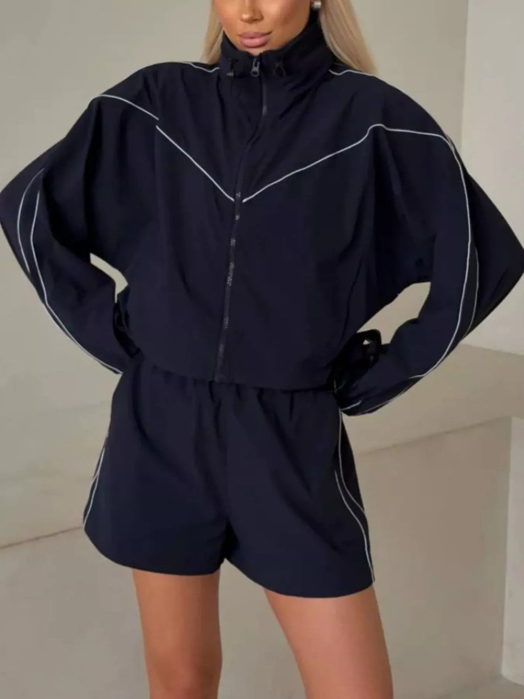 Drawstring Zip-up Jacket Shorts Set (9)