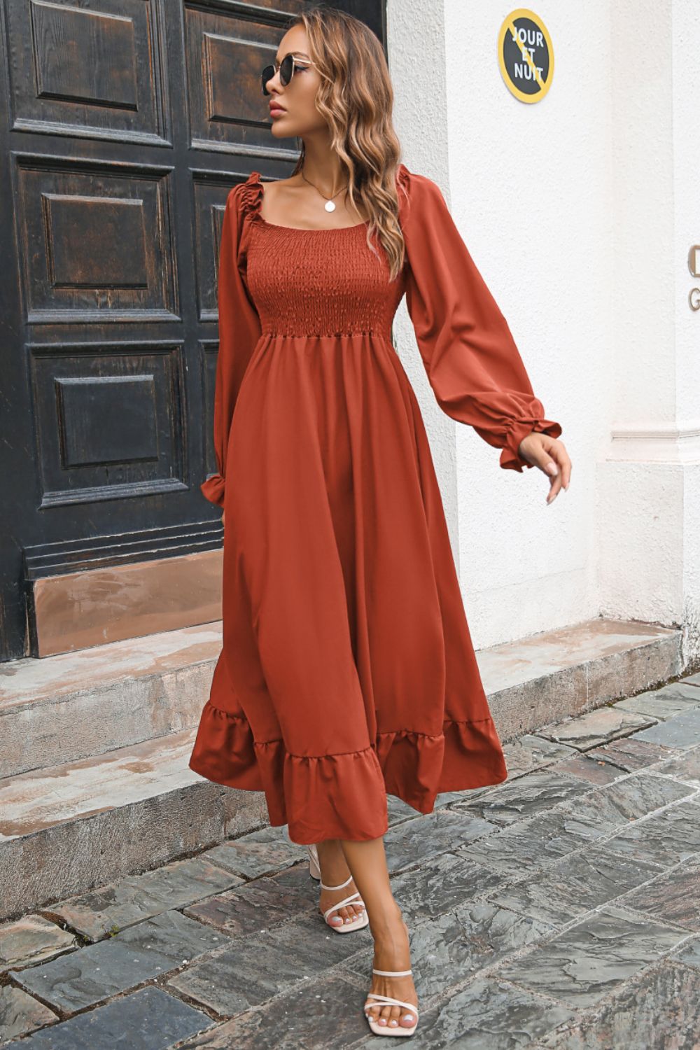 Smocked Ruffle Hem Flounce Sleeve Dress (3)