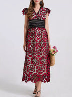 Printed V-neck Ruffle Sleeve Midi Dress (19)