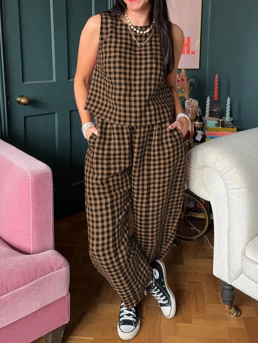 Plaid Round Neck Sleeveless Top Pants Set (7)