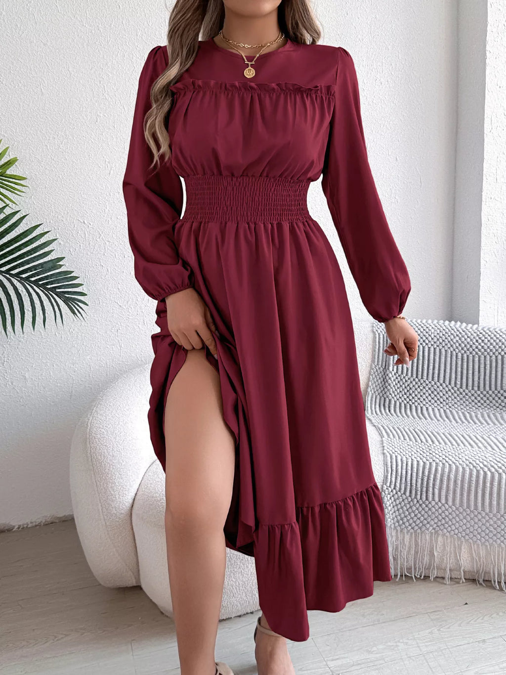 Round Neck Balloon Sleeve Tiered Dress (9)