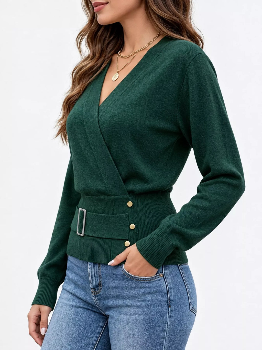 Surplice Elastic Waist Long Sleeve Knit Top (18)