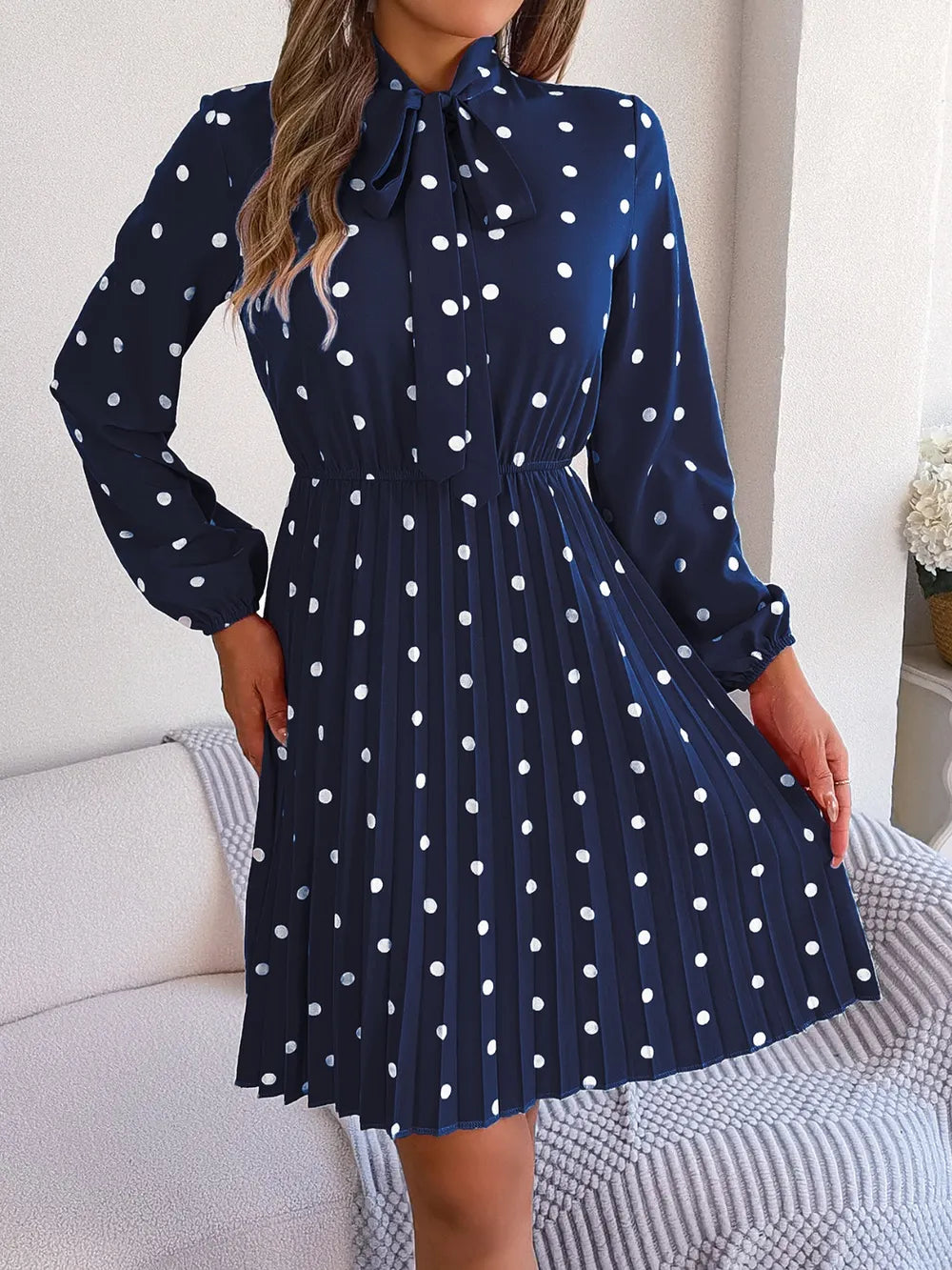 Polka Dot Tie Neck Pleated Dress (10)