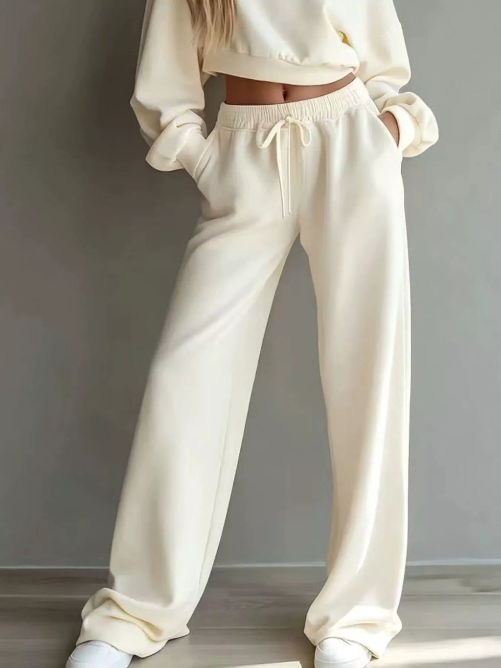 Round Neck Cropped Sweatshirt Wide-leg Pants Set (8)