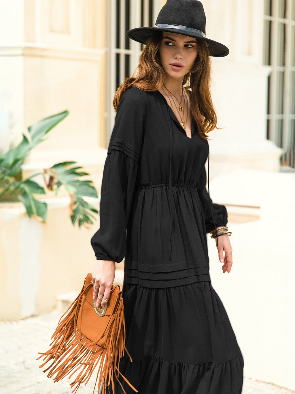 Tie Neck Long Sleeve Midi Tiered Dress (2)