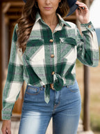 Full Size Pocketed Plaid Collared Neck Shacket (11)