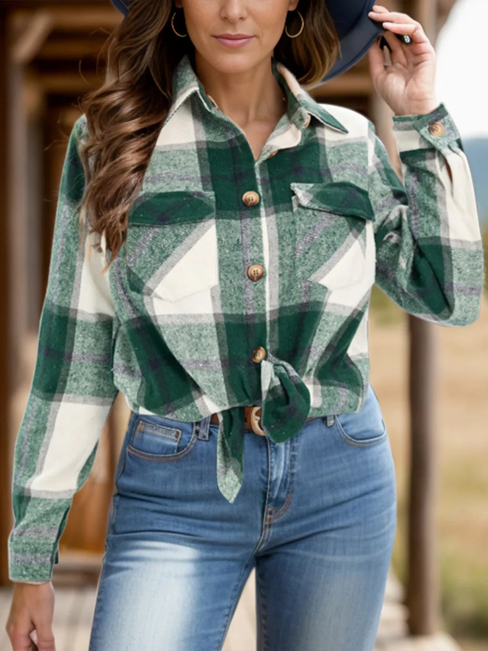 Full Size Pocketed Plaid Collared Neck Shacket (11)