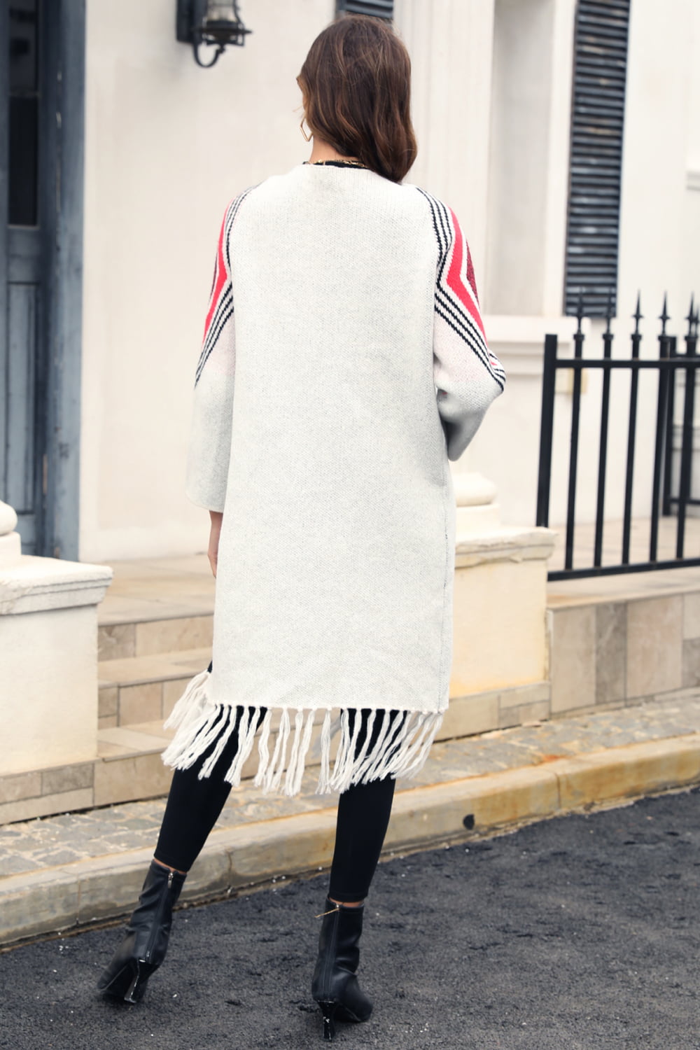 Geometric Fringe Hem Open Front Duster Cardigan (13)