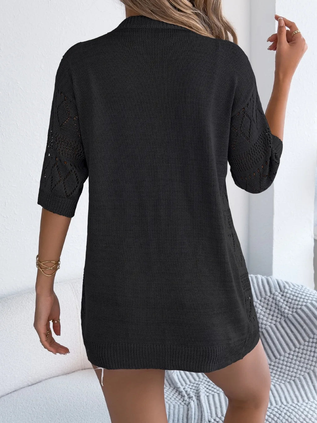 Openwork Open Front Half Sleeve Cardigan (10)
