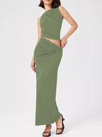 Asymmetrical Ruched Knit Top Skirt Set (9)