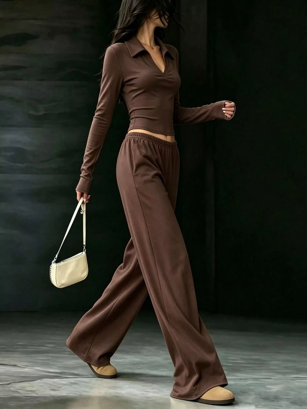 Solid Color Long Sleeve Polo Collar Top Wide Leg Pants Set (14)