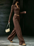 Solid Color Long Sleeve Polo Collar Top Wide Leg Pants Set (14)