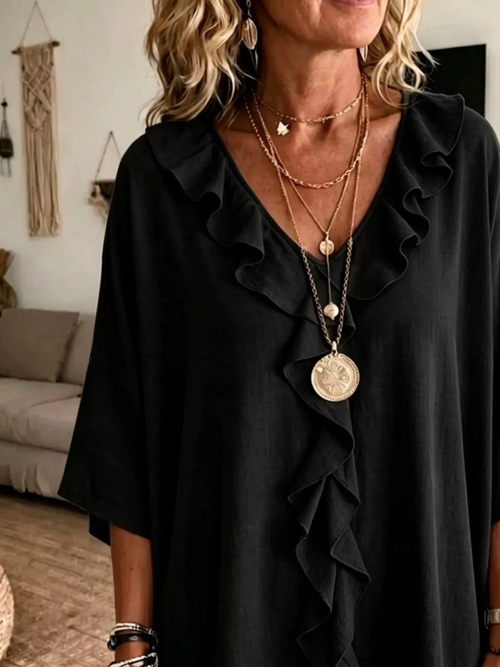 Full Size Ruffle V-neck 3/4 Sleeve Blouse Plus (10)