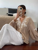 Embroidered Notched Long Sleeve Blouse (24)