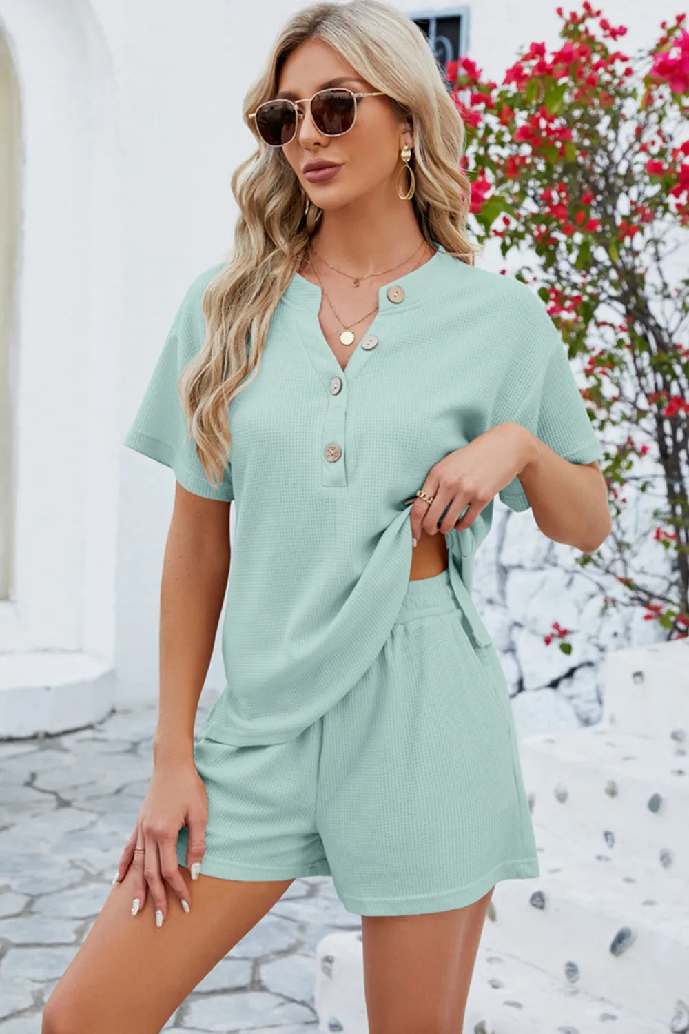 Notched Button Detail Dropped Shoulder Top Shorts Set (19)