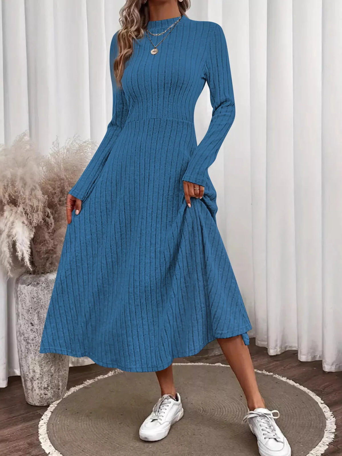 Ribbed Knit Long Sleeve Midi Dress (2)
