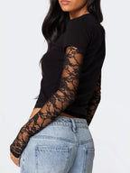 Cropped T-shirt Sheer Lace Sleeves (8)