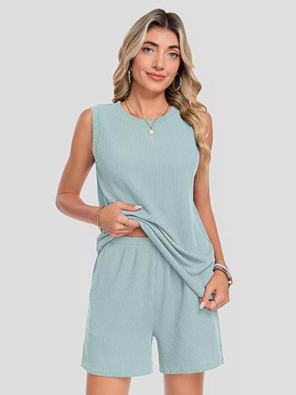 Casual Ribbed Knit Sleeveless Top Shorts Set (20)