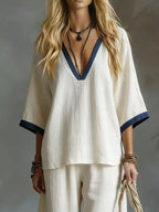 Contrast Trim V-neck Top Pants Set (2)