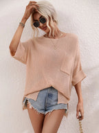 Boat Neck Cuffed Sleeve Slit Tunic Knit Top (7)
