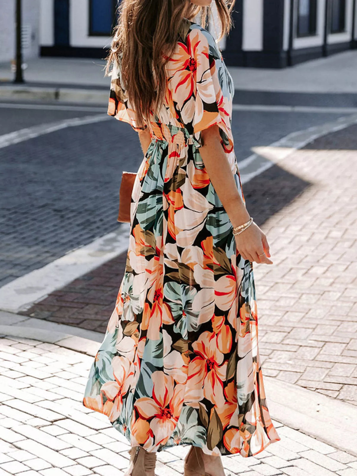 Floral Print V-neck High Slit Maxi Dress (3)
