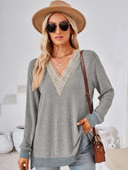 Crochet Contrast V-neck Long Sleeve Slit T-shirt (20)