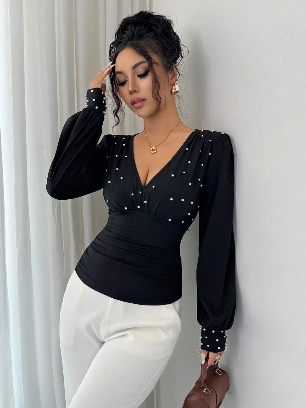 Pearl Embellished V-neck Blouse (7)