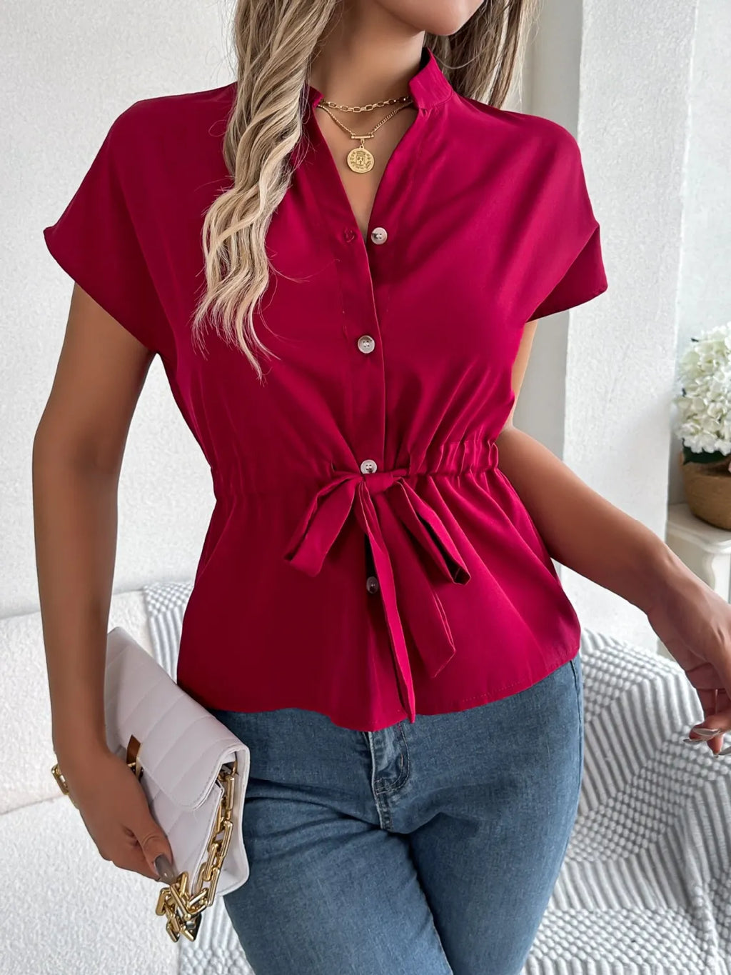 Notched Short Sleeve Blouse (14)