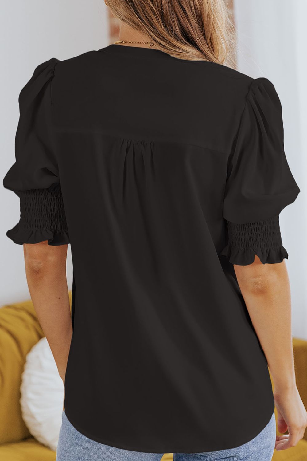 Smocked Flounce Sleeve Notched Neck Blouse (17)