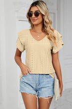 Eyelet V-neck Short Sleeve T-shirt (14)