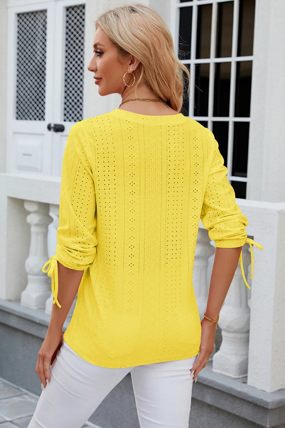 Eyelet Drawstring V-neck Half Sleeve T-shirt (24)