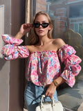 Printed Off-shoulder Flounce Sleeve Blouse