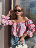 Printed Off-shoulder Flounce Sleeve Blouse