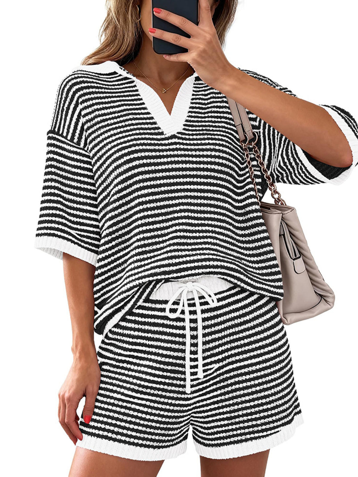 Striped Knit Polo Shirt Shorts Set (5)