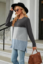 Block Round Neck Long Sleeve Slit T-shirt (11)