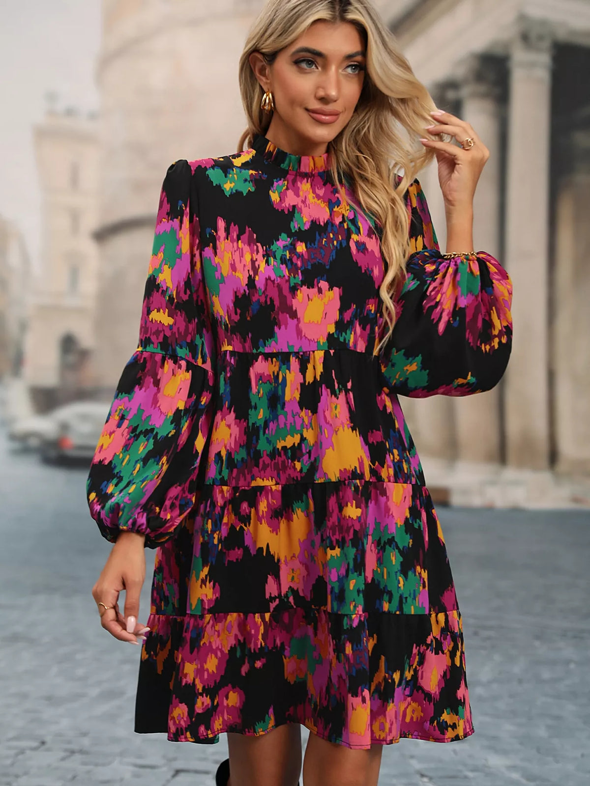 Printed Balloon Sleeve Mini Dress (7)