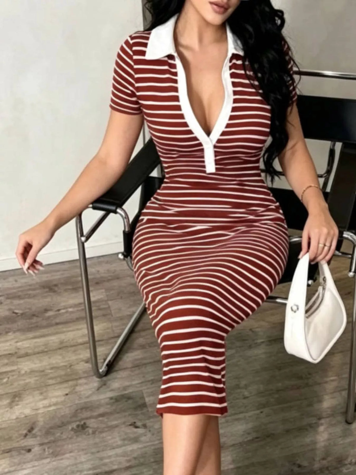 Striped Short Sleeve Bodycon Midi Dress (6)