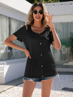 Decorative Button Round Neck Cold Shoulder T-shirt (5)