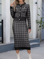 Plaid Knit Cardigan Midi Skirt Sweater Set (8)