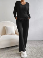 Ribbed Knit V-neck Top Pants Set (8)