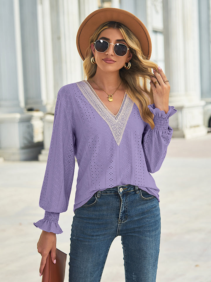 V-neck Eyelet Flounce Sleeve Blouse