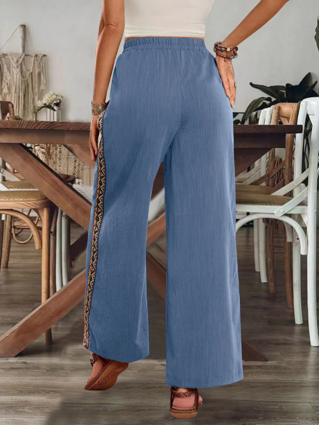 Bohemian Wide Leg Embroidered Side Stripe Pants (5)