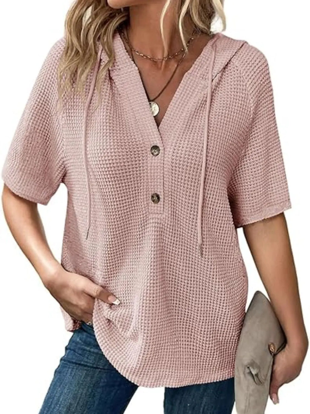 Drawstring Waffle-knit Short Sleeve Hooded Top (9)