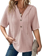 Drawstring Waffle-knit Short Sleeve Hooded Top (9)