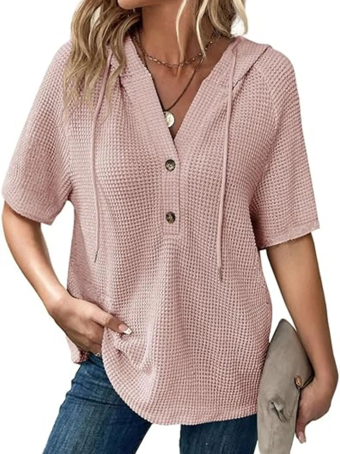 Drawstring Waffle-knit Short Sleeve Hooded Top (9)
