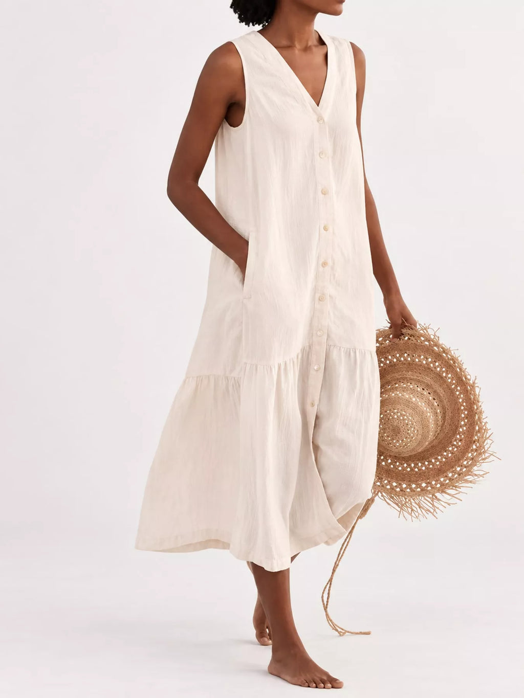 Full Size V-neck Button Front Sleeveless Midi Dress Plus (7)