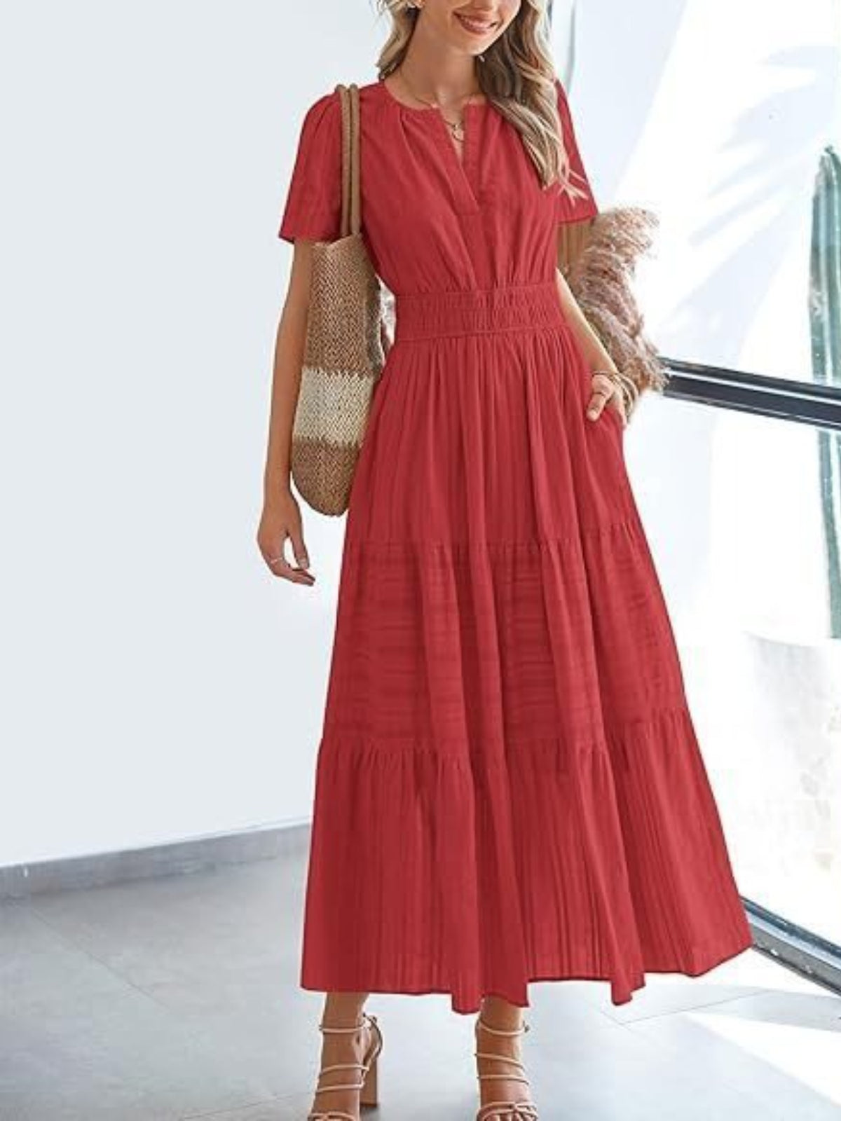 Notched Short Sleeve Tiered Dress (17)